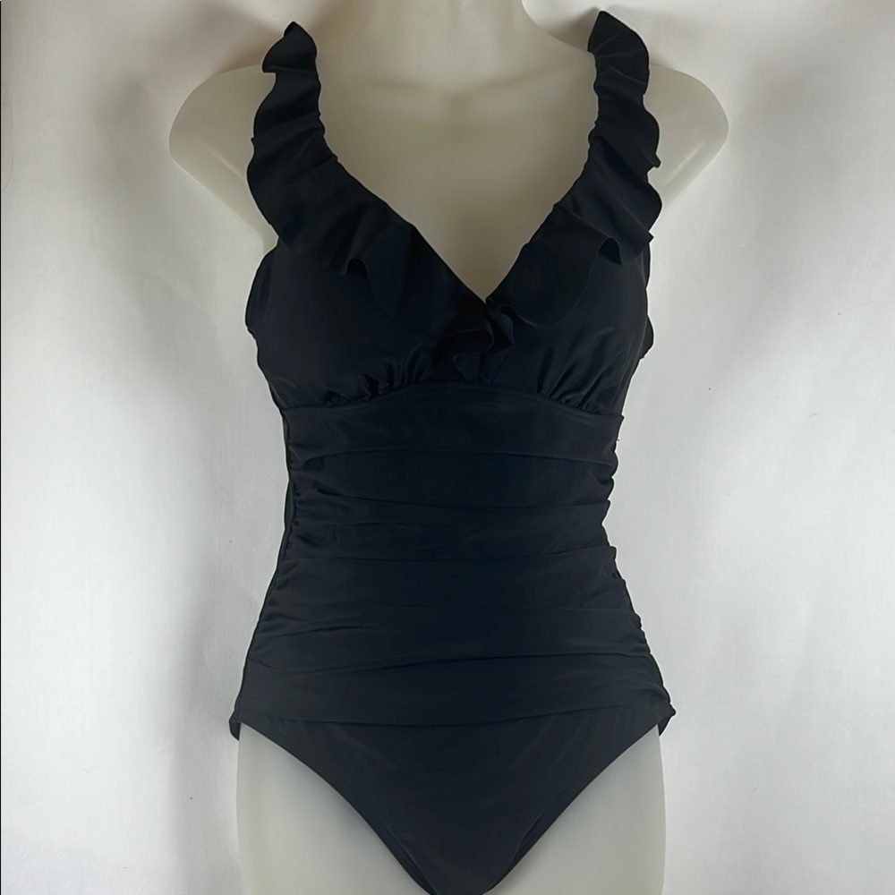DKNY Ruffle Plunge One-Piece Swimsuit Women's Size 6 Black NWOT - Picture 3 of 7